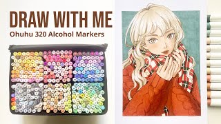 🍒 Draw with me  Marker Art quotWinter girlquot Process  Ohuhu 320 Alcohol Brush Markers Review [upl. by Eirallih]