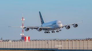 Přistání největšího letadla světa za silného větru v Praze Lufthansa Airbus A380800 [upl. by Sancha352]