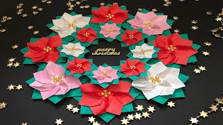 クリスマス折り紙 ポインセチア リース 立体 折り方 Origami Christmas Poinsettia wreath tutorial（NiceNo1） [upl. by Schiro]