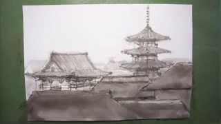 【 HOW TO DRAW描き方】法隆寺（Horyuji Threestory pagoda ） [upl. by Namie]