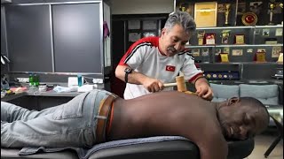 ASMR AMAZING RELAXING BODY MASSAGE ON THE BARBER CHAIR WITH corumluamir [upl. by Rillings]