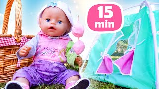 Baby Born doll goes camping Kids play with Baby Annabell doll amp toy food for baby dolls [upl. by Anujra]