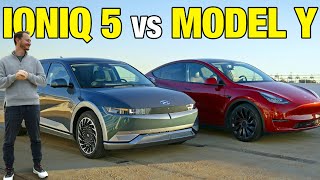 Tesla Model Y vs Hyundai Ioniq 5  Electric SUV Comparison  Price Range Performance amp More [upl. by Nohsad11]