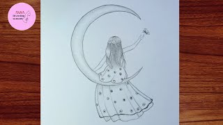 how to draw a beautiful girl sitting on the moon  sketch drawing  easy drawing tutorial [upl. by Nerraj]