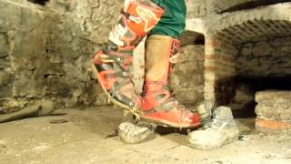 Trampling old safety work boots with Alpinestars MX boots and climbing irons [upl. by Yrad702]