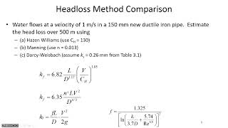 Comparing Manning HazenWilliams and DarcyWeisbach Pumps and Pipe Sizing  Class 6 23 Jan 2023 [upl. by Trautman]