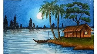 How to paint a scenery of moonlit night with oil pastels step by step [upl. by Orvan]