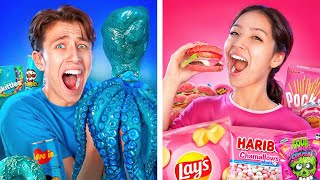 I ATE a 100YearOld OCTOPUS  Blue Pink Food Challenge [upl. by Strohbehn40]