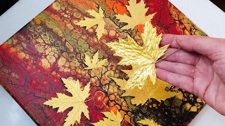 GOLDEN Autumn Leaves Painting Tutorial  Great DIY Seasonal Idea  ABcreative Acrylic Pouring Swipe [upl. by Yditsahc]