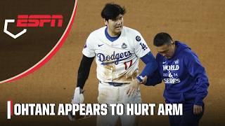 Shohei Ohtani appears to hurt his arm on stolen base attempt in World Series Game 2  ESPN MLB [upl. by Nnylidnarb598]