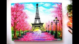 Springtime Cherry blossom Trees and Eiffel Tower Painting  Step by Step Tutorial for Beginners [upl. by Maxi]