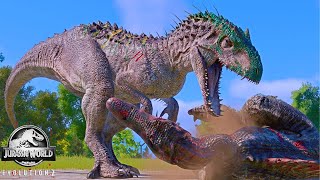 INDOMINUS REX vs SPINOSAURUS amp CARCHARODONTOSAURUS Fighting in Jurassic World Evolution 2 [upl. by Grayson]