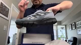 New Balance 990v4 in arctic grey  black with blue unboxing and sizing [upl. by Annibo]