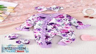 Newborn Girl Purple Floral Print Ruffle Collar Romper With Headband And Gloves Review [upl. by Otrevogir]