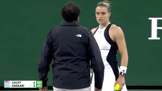 DRAMA ON COURT GAUFF SAKKARI INDIAN WELLS MARCH 15 2024 UMPIRE KADAR NOUNI [upl. by Philemon]