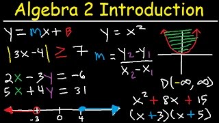 Algebra 2 Introduction Basic Review Factoring Slope Absolute Value Linear Quadratic Equations [upl. by Arimas]