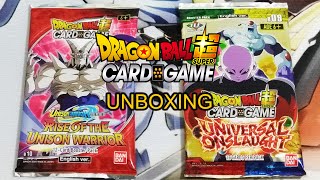 Unboxing Dragon Ball Card Game Universal Onslaught and Rise of the Unison Warrior Booster Packs [upl. by Wentworth]