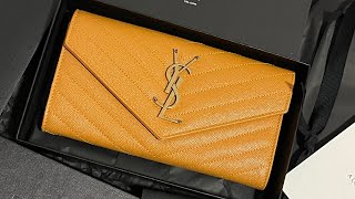 YSL LARGE FLAP WALLET IN GRAIN DE POUDRE EMBOSSED LEATHER in Yellow Mustard color [upl. by Savihc]