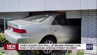 Video shows SUV pushing parked car across street into Orem house [upl. by Acinomed]