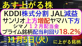 あす上がる株 2024年１１月５日（火）に上がる銘柄。KDDIが株式分割、JALは減益、利回り182登場。サンリオ上方修正増配、ヤマハ下方修正。～最新の日本株情報。高配当株の株価やデイトレ情報～ [upl. by Bik]