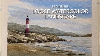 BEGINNERS LOOSE WATERCOLOR LANDSCAPE Lighthouse SEASCAPE Watercolour PAINTING Techniques Tutorial [upl. by Johnath]