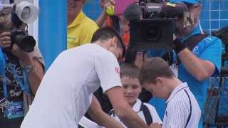 Novak Djokovic hits with a fan  2014 Australian Open [upl. by Enyallij]