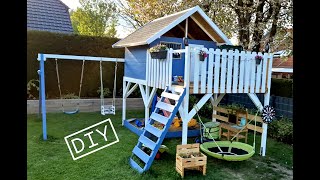 DIY Kinderspielhaus  Stelzenhaus  Matschküche  Sandkiste und Schaukeln selber bauen [upl. by Alekat]