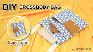 DIY TripleZip CROSSBODY BAG  Multi Pockets Hipster Bag Tutorial sewingtimes [upl. by Narbig225]