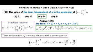 CAPE Pure Maths U2P1  The Term Independent of x In Binomial Expansion  201326 [upl. by Erej]