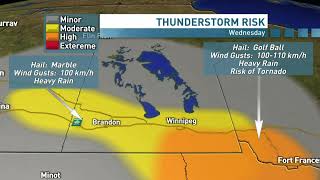 Manitoba Weather Forecast for June 12th  Thunderstorm Risk for parts of province  Tornado Warning [upl. by Nonnelg]