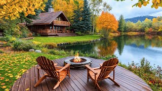 Cozy Cabin Lakeside Retreat Crackling Fire Pit Autumn Colors and Soothing Nature Sounds for Relax [upl. by Ingrid]