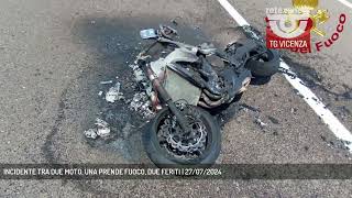 INCIDENTE TRA DUE MOTO UNA PRENDE FUOCO DUE FERITI  27072024 [upl. by Dadelos]