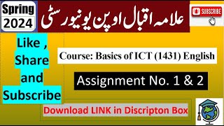 ⏩ AIOU Code 1431 Solved Assignment No1 amp 2 Spring 2024  Subject Basics of ICT Eng  Level BA [upl. by Litnahs932]