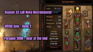 Season 33 LoD Nova Necromancer GR150 Rank 2 Paragon 2000  Diablo 3 [upl. by Gio194]