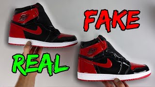 REAL VS FAKE NIKE AIR JORDAN 1 PATENT BRED SNEAKER COMPARISON [upl. by Gleason]