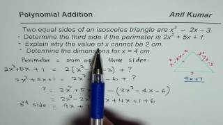 Given polynomial expression for side of isosceles triangle with perimeter find third side [upl. by Rednave]