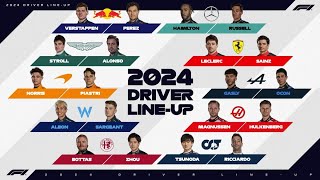 DRIVER LINE UP 2024 F1 PILOTI UFFICIALI FORMULA 1 TEAM NUOVI PILOTI SQUADRE 24 [upl. by Jayme140]