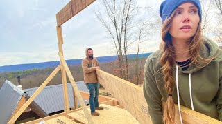 RIDGE BEAM Installation  35 Foot Peak of our AFrame Cabin Build [upl. by Harelda]