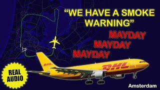 MAYDAY after takeoff Smoke warning European Air Transport A306 returned to Amsterdam Real ATC [upl. by Willie355]