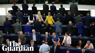 Brexit party MEPs turn their backs during European anthem at parliaments opening session [upl. by Ehcadroj376]