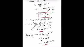 Find the area of the circle and semicircle given the circumference  maths shorts [upl. by Anh]