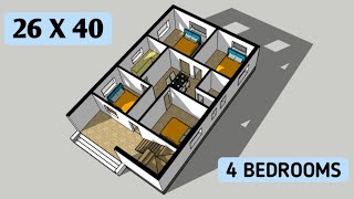 4 Bedrooms house plan with porch style  26x40 house plan with 4 bedrooms  3d house plan [upl. by Tlevesoor]