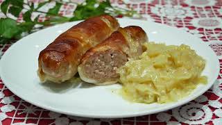 White sausage with bacon turn on subtitles  Delicious food  Polish recipes  Polish cousine [upl. by Aiht]