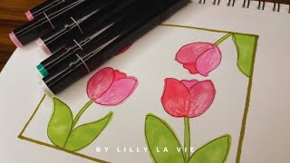 Alcohol marker ASMR  Lets try new art supplies  204 markers  ASMR drawing  Flower [upl. by Modla]