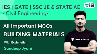 All Important MCQs of Building Materials  GATE  SSC JE  State AEJE  Sandeep Jyani [upl. by Arbed]