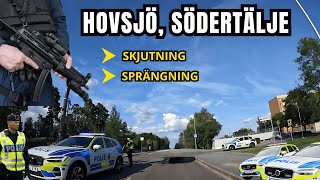 SÖDERTÄLJEPOLISEN Skjutning och sprängning i Hovsjö – Polisen punktmarkerar området [upl. by Meisel392]