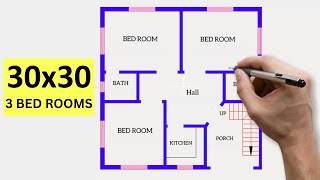 30x30 House plan design  900 square Feet  3BHK  100 Gaj House Layout Plan [upl. by Eanom]