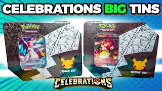 Opening Pokemon Celebrations Lances Charizard V amp Dark Sylveon V BIG Tins EXCLUSIVE [upl. by Egidius]