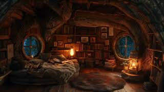 Rainy Day in a Cozy Treehouse Room  Warm Lanterns Cushions amp Sleeping Cat [upl. by Atterbury]