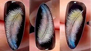 Hand Painted Feather Nail Design  Black amp White Feather Nail Art  Hand Painted Nail Art Design  7 [upl. by Anomis]